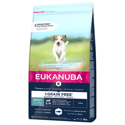 Eukanuba Premium dry food, grain free, for small and medium breeds, adult 1-7 years, rich in sea fish, 3kg pack.