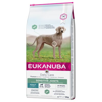 Eukanuba Daily Care Sensitive Joints, premium dry food for adult dogs from 1 year, all breeds and weights, supports healthy joints. Pack size: 12kg.