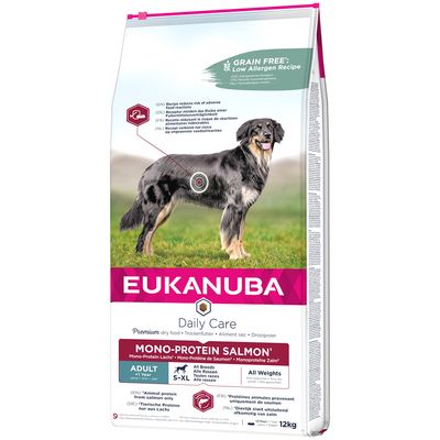 Eukanuba Daily Care dry food for dogs, mono-protein salmon, grain-free, recipe reduces risk of food intolerances, suitable for all breeds and weights, 12kg pack.
